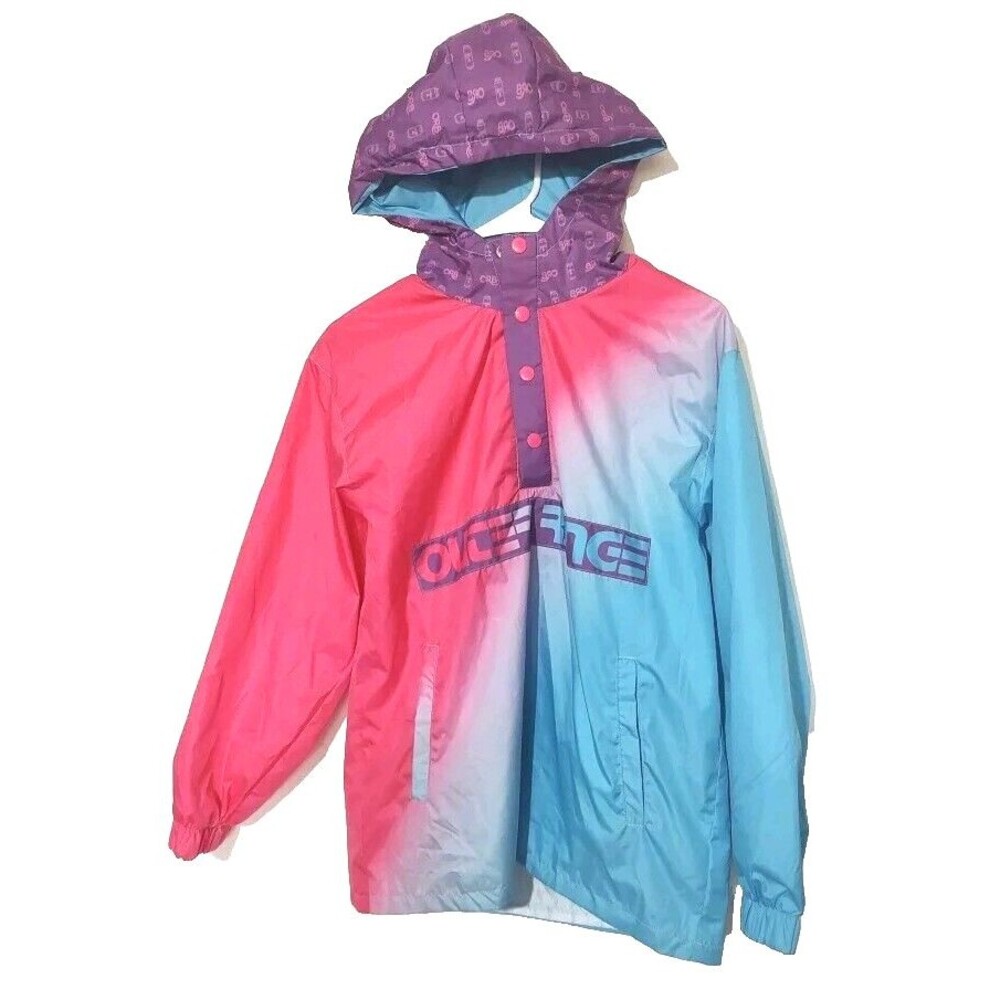 Outer Edge Women Pink/Blue Windbreaker Hood Jacket Sz M Bright Snaps Pullover